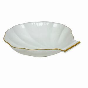 Hankook Bone China Korea Dish Trinket Candy White Scallop Shell Gold Trim 6"